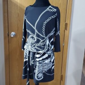 WHBM black white chain pattern stretch mini dress with belt